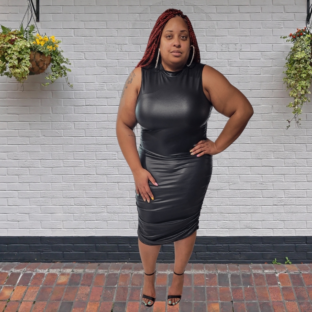 Sleeveless Mock Neck Midi Faux Leather Dress